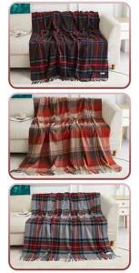 Cozy wool plaid blanket detail showing soft fringed design for home living room sofa use.