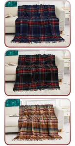 Classic tartan wool throw blanket, soft plaid cashmere blanket for home and travel use.