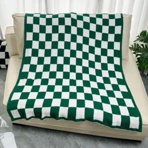 Green and white checkered knit blanket soft cozy flannel throw blanket for sofa bed living room