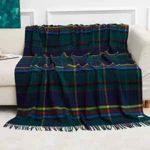 Pure Wool Plaid Blanket Tassel Fringe Warm Cozy Tartan Throw Blanket For Couch Sofa Bed Home Travel Air Conditioning