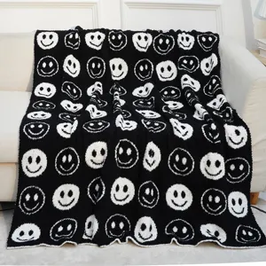 Gemütliche schwarz-weiße Smiley-Gesicht flauschige Decke weiche Sofa-Wohndecke Heimdekor
