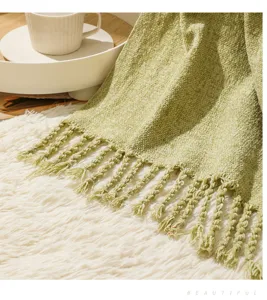 Green chenille throw blanket detail shot, soft textured fringe design for cozy home decor.
