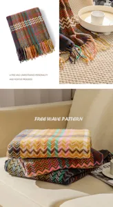 Cozy chevron knit throw blanket detail showing soft chenille texture and fringe tassels.