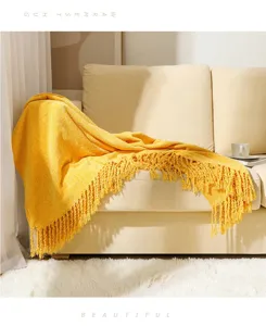 Yellow chenille throw blanket with fringe for sofa couch bed cozy warm summer air conditioning