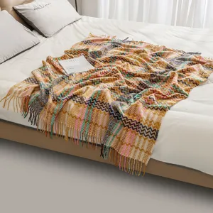 Chenille sofa throw blanket bohemian ethnic style knitted herringbone pattern warm bed cover