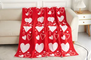 Red Valentine's Day plush throw blanket with white hearts soft fleece sofa blanket