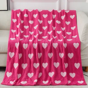 Valentine pink heart blanket, soft microfiber plush throw for home decor and gifting.