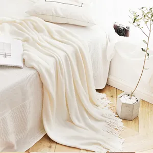 Nordic solid color knit throw blanket with fringe, cozy decorative sofa bed blanket for home.