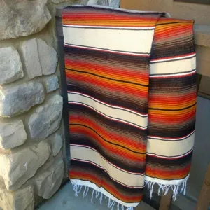 Traditional Mexican blanket woven serape colorful striped throw for beach picnic and home decor