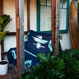 Close-up detail of the woven jacquard beach blanket featuring a traditional thunderbird pattern.