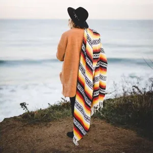 Mexican woven blanket with fringe geometric design colorful outdoor beach blanket throw