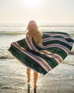 Detailed outdoor beach blanket scene by the ocean with traditional woven stripe pattern.
