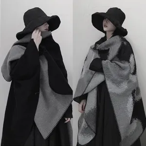 Women's autumn winter imitation cashmere black white tie dye split cape shawl scarf.