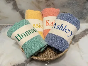 Personalized Turkish woven cotton beach towel set, colorful diamond jacquard blanket.