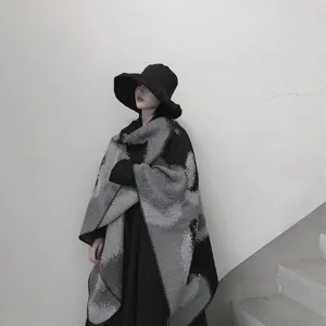 Women's winter black and white tie-dye split shawl, warm cashmere-like cloak scarf for travel.