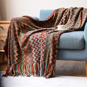 Boho zigzag knit throw blanket for sofa living room cozy vintage multicolor tassel decor.