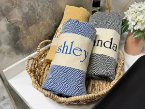 Detailed view of rolled Turkish jacquard patterned beach towels neatly arranged in a woven basket.