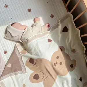 Adorable couverture bébé en tricot jacquard coton ours dessin animé pour les enfants