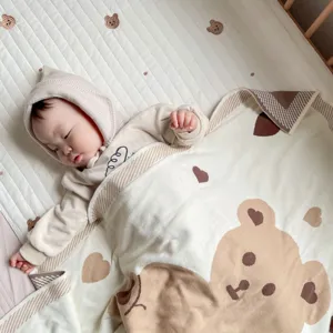 Couverture de bébé en jacquard tricoté en coton doux avec motif d'ours, couverture de sieste douillette.