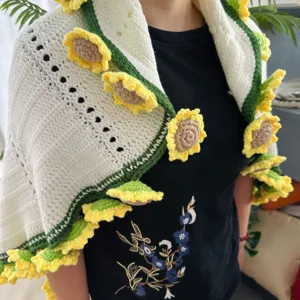 Handmade crochet sunflower shawl white knitted warm decorative wrap scarf stylish floral cape