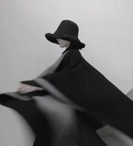 Nordic style jacquard cashmere feel black grey reversible split cape shawl winter cloak.