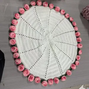 Handmade crochet round blanket white knit mat with pink rose flower border home decor