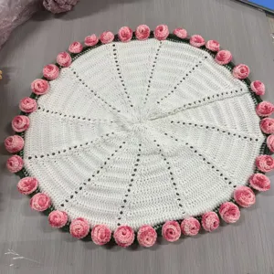Handmade crochet round blanket with pink rose border, white knitted table mat home decor