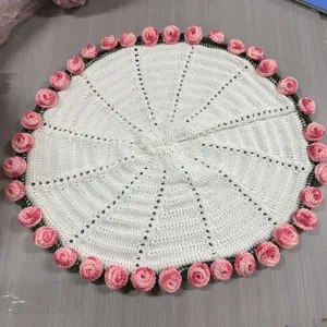 Handmade crochet round blanket white with pink rose flower edge cozy home decor gift item