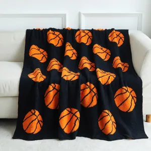 Cozy black basketball knit blanket, soft plush throw blanket for sofa, bedroom decor and bed.