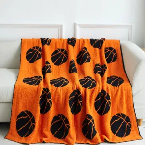 Basketball plush throw blanket, fuzzy soft feather yarn knitted jacquard blanket detail.