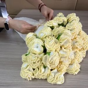 Handmade crochet carnation flower bouquet detail shot, exquisite yarn craft gift for decor.