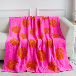 Pink basketball pattern plush throw blanket cozy soft knitted jacquard blanket for sofa