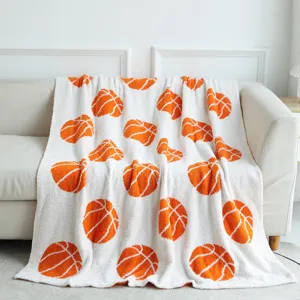 Soft fluffy basketball throw blanket, cozy feather yarn knitted jacquard blanket for sofa bed