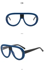 Oversized retro oval sunglasses with bold blue frames and chic metal staple accents.