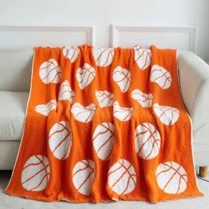 Cozy orange basketball throw blanket plush knitted jacquard soft couch cover for living room