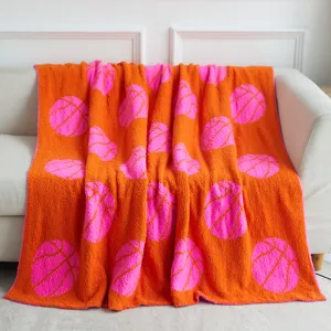 Cozy orange basketball throw blanket, plush feather yarn knitted jacquard blanket for home sofa.