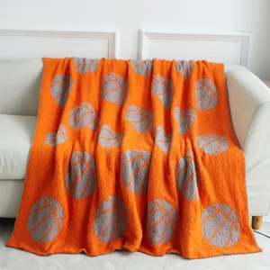 Orange basketball pattern fuzzy throw blanket, soft knitted jacquard feather yarn couch blanket.