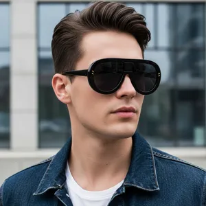 Oversized retro pilot sunglasses for men, black thick oval frame with metal accent details.