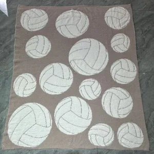 Soft fluffy throw blanket with white volleyball pattern, cozy jacquard fleece blanket rug.