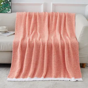 Cozy knitted throw blanket detail, soft half-velvet texture, thick warm home decor sofa cover.