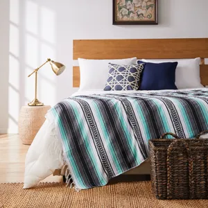Vue détaillée de la couverture mexicaine tissée géométrique sur un lit confortable et douillet.