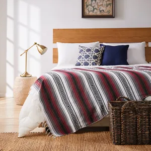 Plaid mexicain tissé à la main avec rayures géométriques pour canapé et lit vue détaillée.