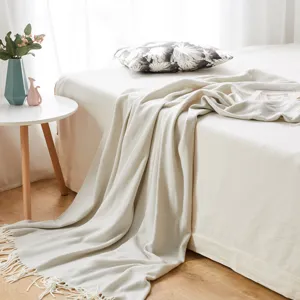 Herringbone knit throw blanket with fringe, soft acrylic blanket for bed or sofa home decor