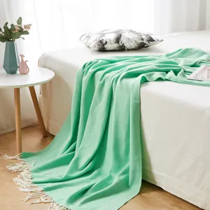 Mint green herringbone woven throw blanket with fringe for cozy home bedroom decor and sofa bed.