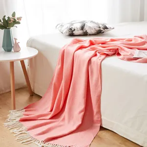 Pink Herringbone Woven Throw Blanket with Fringes Soft Acrylic Couch Bed Detail