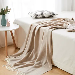 Knit herringbone throw blanket with fringe soft acrylic woven blanket for bed sofa cozy decor