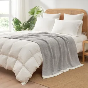 Cozy grey knitted throw blanket detail showcasing soft texture for bedroom and warm comfort.