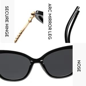 Detailansicht moderner Katzenaugen-Sonnenbrille mit sicheren Scharnieren und Bogenbeinen.