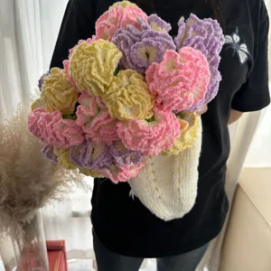 Handmade crochet flower bouquet blanket, colorful carnations knitted throw gift for home.