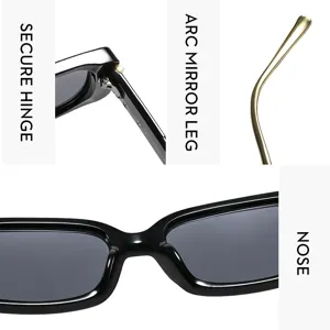 Detaillierte Ansicht schwarzer quadratischer Retro-Sonnenbrille mit stabilen Scharnieren.
